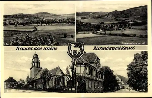 Wappen Ak Zierenberg in Hessen, Gesamtansicht, Eisenbahn Viadukt, am alten Stadttor, Kirche