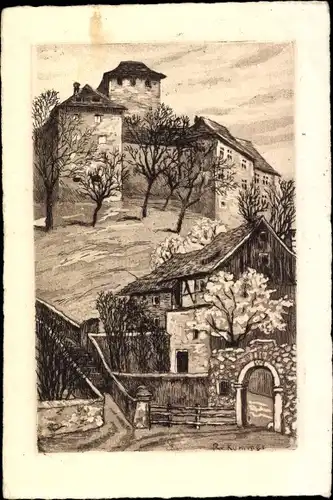 Künstler Ak Kummer, Feldkirch Vorarlberg, Schloss Schattenburg, Originalradierung