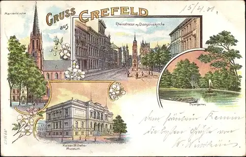 Litho Krefeld am Niederrhein, Marienkirche, Rheinstraße, Kaiser Wilhelm Museum, Tiergarten, Kirche