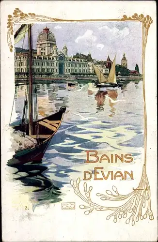 Passepartout Künstler Ak Evian les Bains Haute Savoie, Teilansicht, Segelboote