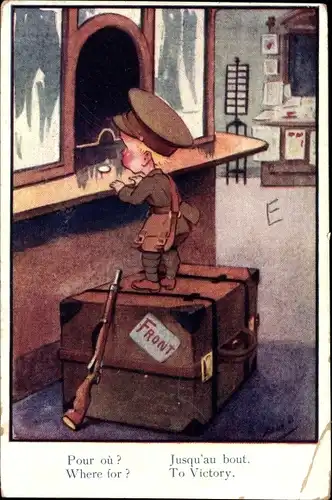 Künstler Ak Junge in Uniform, Bahnhof, Where for?, To Victory, Waffe
