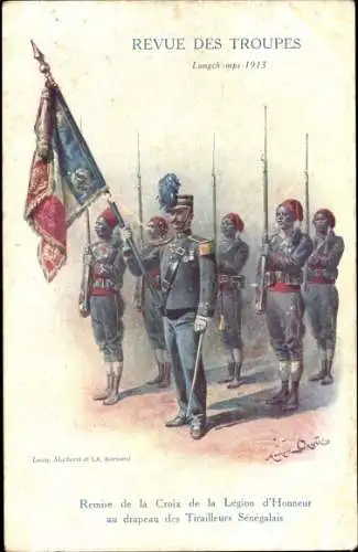 Ak Longchamps Aisne, Revue des Tropues 1913, Ehrenlegion, senegalesische Tirailleurs