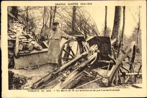 Ak Verdun Meuse, Schlacht 1916, französischer Soldat mit Kanone, I WK