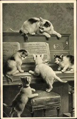 Künstler Ak Junge Katzen auf einem Klavier