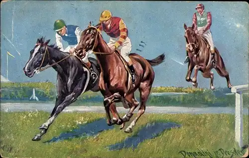 Künstler Ak Donaldini, A. E., Jockeys auf Pferden reitend, Pferderennsport