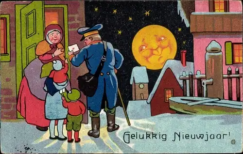 Mondschein Ak Glückwunsch Neujahr, Postbote, Frau, Kinder, Brief