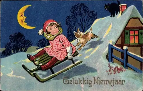 Mondschein Ak Glückwunsch Neujahr, Schlittenfahrt, Hund, Schwarze Katze