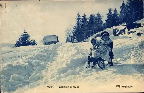 Ak Wintersport, Kinder fahren Schlitten, Schlittenfahrt, Winterszene, Tannenbäume