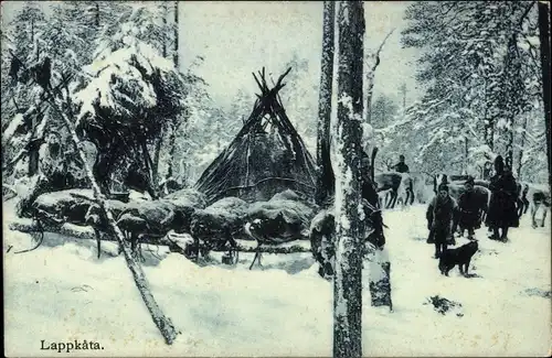 Ak Schweden, Waldpartie, Holz-Zelt, Winterszene, Hund, Lappkata