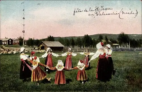 Ak Tanzende Menschen in schwedischer Tracht, Wiese, Kinder