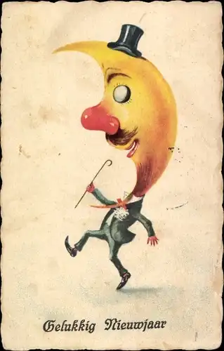 Ak Glückwunsch Neujahr, Mann mit Mond-Kopf