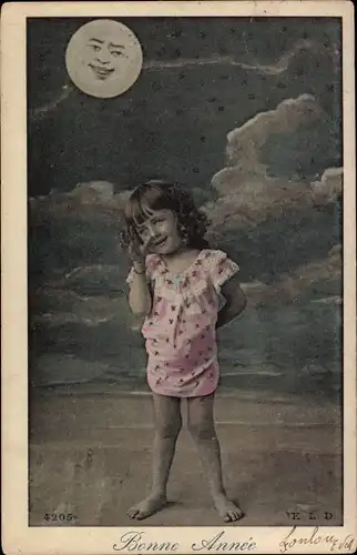 Mondschein Ak Glückwunsch Neujahr, Mädchen-Portrait