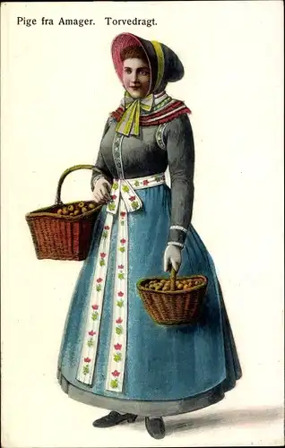 Ak Amager, Frau in dänischer Tracht, Volkstracht, Körbe