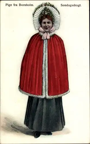 Ak Bornholm, Frau in dänischer Tracht, Volkstracht, Körbe