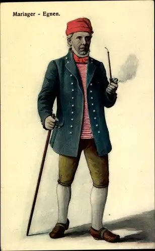 Ak Mariager, Mann in dänischer Tracht, Volkstracht, Gehstock, Pfeife