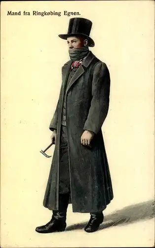 Ak Ringkøbing, Mann in dänischer Tracht, Volkstracht, Zylinder