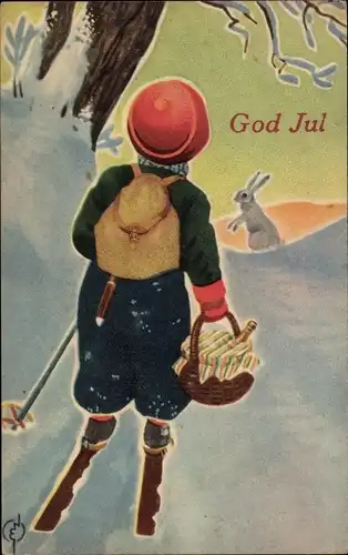 Künstler Ak Glückwunsch Weihnachten, Skiläufer, Korb, Hase