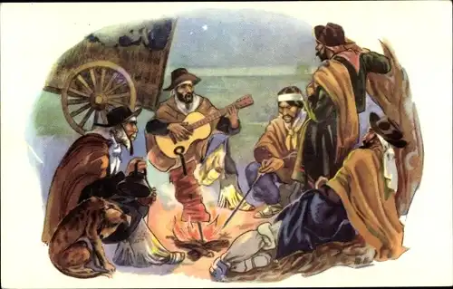 Künstler Ak Churrasqueando, Eating roasted meat, Lagerfeuer, Gitarre