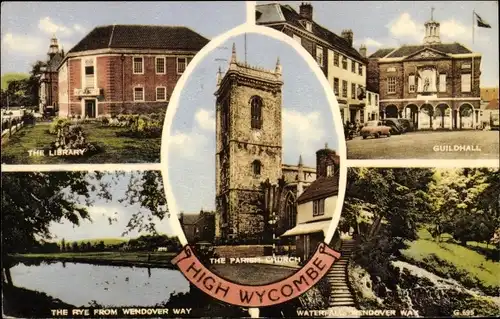 Ak High Wycombe Buckinghamshire England, Bibliothek, Rye, Kirche, Wendover Way, Guildhall