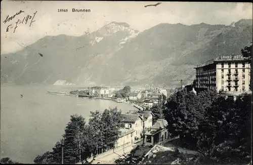 Ak Brunnen Kt. Schwyz, Panorama, Grand Hotel