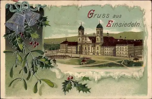 Präge Litho Einsiedeln Kanton Schwyz Schweiz, Kloster Einsiedeln, Glocken, Mistelzweig, Stechpalme