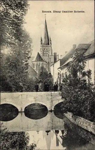 Ak Ronse Renaix Ostflandern, Teich Cambier Robette, Brücke