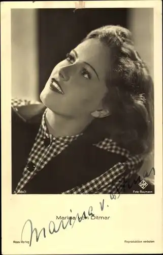 Ak Schauspielerin Marina von Ditmar, Portrait, UFA Film, Autogramm