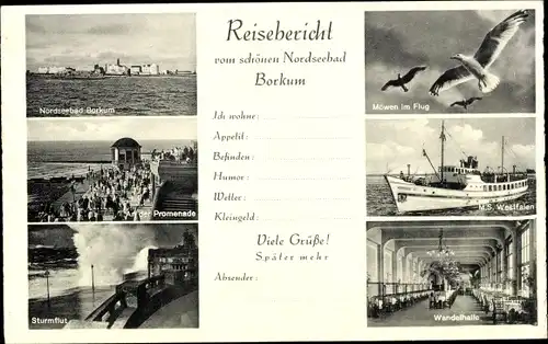 Ak Nordseebad Borkum in Ostfriesland, Gesamtansicht, Promenade, MS Westfalen, Wandelhalle