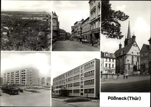 Ak Pößneck in Thüringen, Panorama, Kirche, Straßenpartie, Wohnsiedlung, Schule