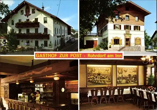 Ak Rohrdorf am Inn Oberbayern, Gasthof Zur Post, Außenansicht, Bar, Speisesaal