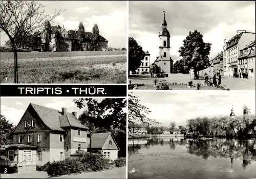 Ak Triptis in Thüringen, Spezialschule für Landtechnik, Markt, HO-Autobahnraststätte, Schlossteich