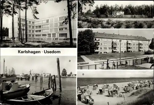 Ak Karlshagen auf Usedom, Heinrich-Heine-Oberschule, Hafen, VVN-Ehrenmal, Neubauten, Strand