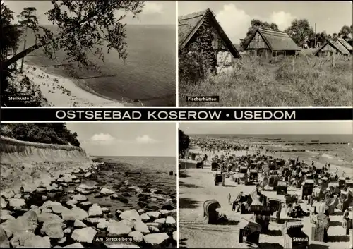 Ak Ostseebad Koserow auf Usedom, Steilküste, Fischerhütten, Am Steckelberg, Strand