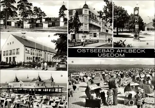 Ak Ostseebad Ahlbeck Heringsdorf auf Usedom, FDGB-Urlauberdorf, Seebrücke, Konzertplatz, FDGB Heim