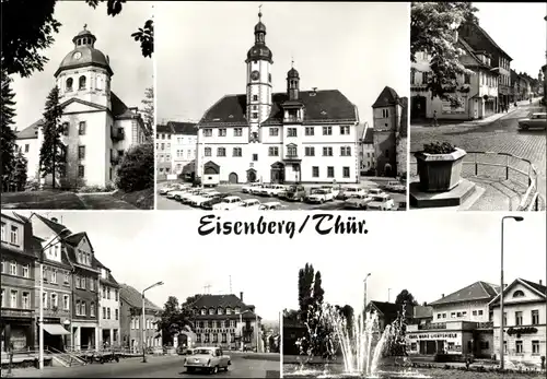 Ak Eisenberg Thüringen, Schlosskirche, Rathaus, Markt, Steinweg, Platz der Republik, Thälmannplatz