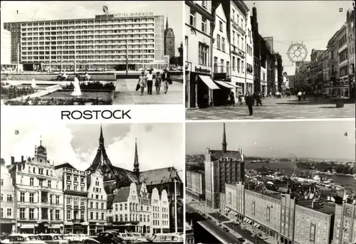 Ak Hansestadt Rostock, Interhotel Warnow, Kröpeliner Straße, Giebelwand Thälmannplatz, Marienkirche