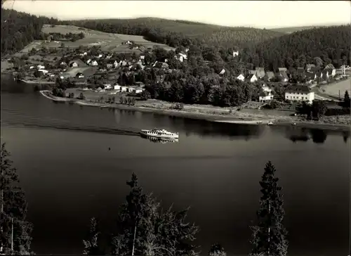 Ak Saaldorf Bad Lobenstein in Thüringen, Bleiloch-Saaletalsperre, Blick auf den Ort, Ausflugsdampfer