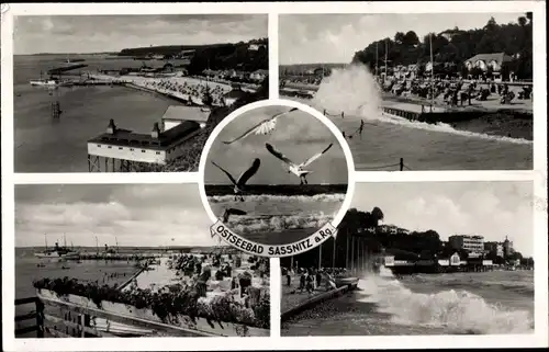 Ak Sassnitz auf Rügen, Strand, Brandung, Seebrücke, Möwen