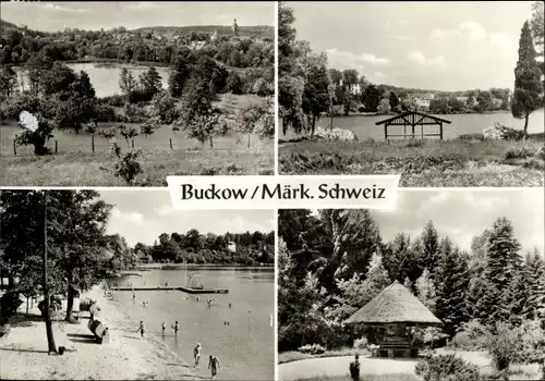 Ak Buckow in der Märkischen Schweiz, Panorama, See, Badestrand, Hütte