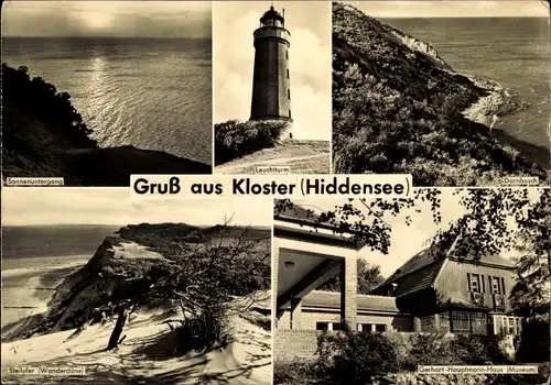 Ak Kloster Insel Hiddensee in der Ostsee, Sonnenuntergang, Leuchtturm, Dornbusch, Steilufer