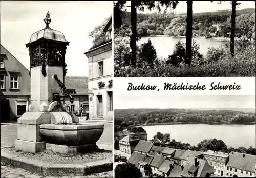 Ak Buckow in der Märkischen Schweiz, Panorama, Brunnen am Markt