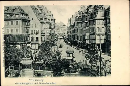 Ak Strasbourg Straßburg Elsass Bas Rhin, Gutenbergplatz und Gewerbslauben