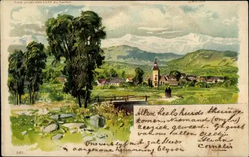 Halt gegen das Licht Litho Landschaft mit Ortschaft, Meteor 581