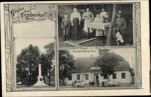 Ak Teschendorf in der Mark, Kriegerdenkmal, Gasthof W. Bergemann, Radfahrstation, Garten