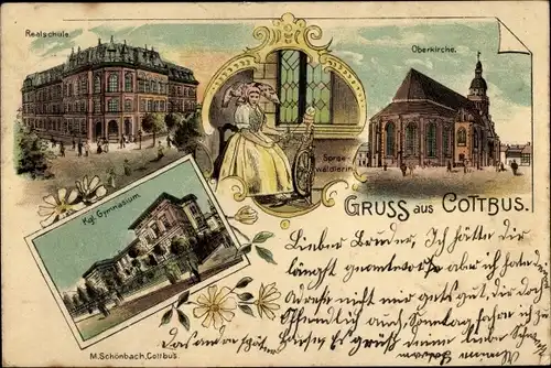 Litho Cottbus in der Niederlausitz, Realschule, Gymnasium, Oberkirche, Spreewälderin, Spinnrad