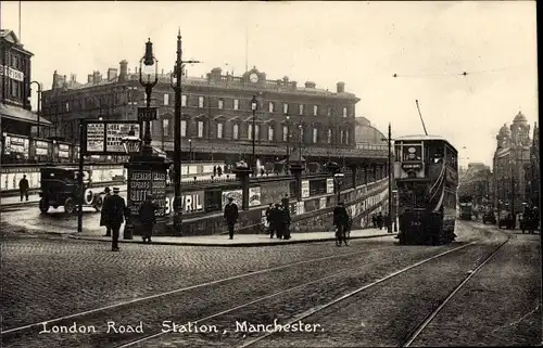 Ak Manchester England, London Road Station, Straßenbahn