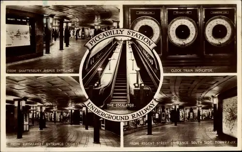 Ak West End London City England, Piccadilly Station, Rolltreppe, Uhrzuganzeige, U-Bahn