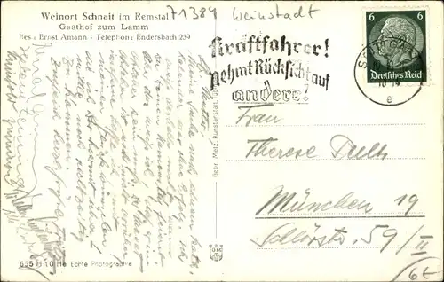 Ak Schnait Weinstadt in Württemberg, Teilansicht, Gasthof zum Lamm