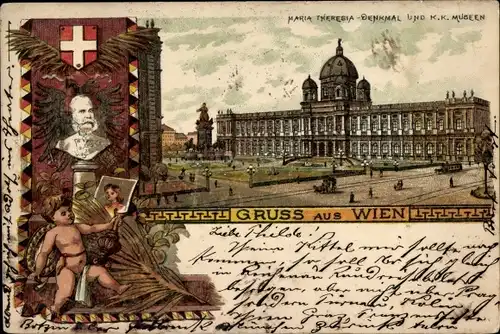 Litho Wien 1. Innere Stadt Österreich, Büste Kaiser Franz Joseph I., Maria Theresia Denkmal, Museen