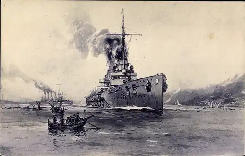 Künstler Ak Stöwer, W., Deutsche Kriegsschiffe, SMS Goeben, SMS Breslau, Messina, Kaiserliche Marine